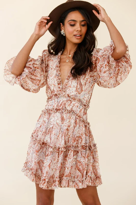 Laney Cutout Back Ruffle Trim Dress Paisley Print Rust