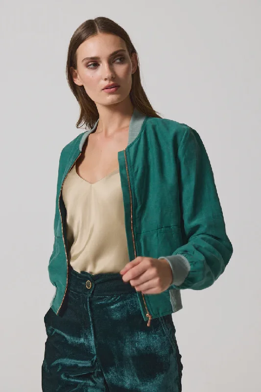 Women's bomber jackets with a holographic finish for a futuristic and eye - catching lookLennox Linen Bomber Jacket Women's bomber jackets with a holographic finish for a futuristic and eye - catching lookLennox Linen Bomber Jacket