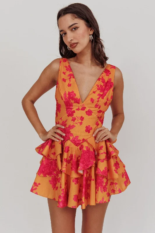 Like Me V-Neck Tied Back Floral Romper Orange