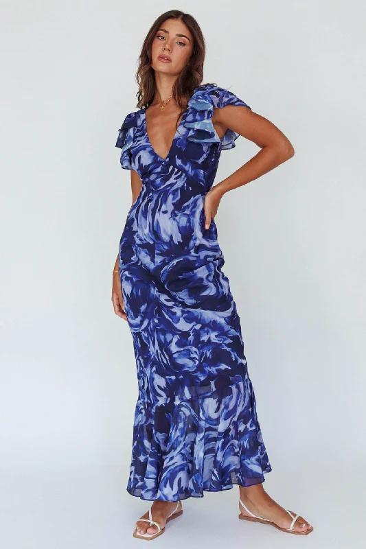 Lydiah Ruffle Sleeve Maxi Dress Floral Blue