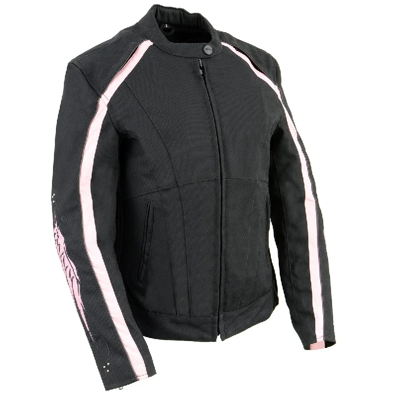 Women's denim jackets with a patchwork design for a bohemian and artsy styleMilwaukee Leather SH1954 Women's Black and Pink Textile Jacket with Stud and Wings Detailing Women's denim jackets with a patchwork design for a bohemian and artsy styleMilwaukee Leather SH1954 Women's Black and Pink Textile Jacket with Stud and Wings Detailing