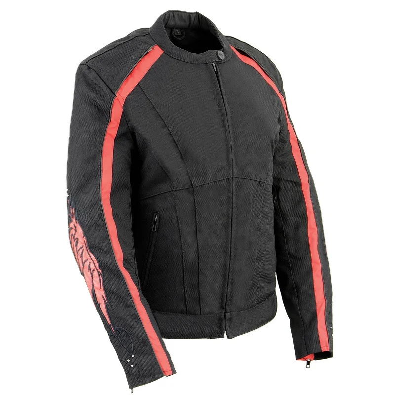 Women's moto jackets with a lace - up front for a unique and stylish touchMilwaukee Leather SH1954 Women's Black and Red Textile Jacket with Stud and Wings Detailing Women's moto jackets with a lace - up front for a unique and stylish touchMilwaukee Leather SH1954 Women's Black and Red Textile Jacket with Stud and Wings Detailing