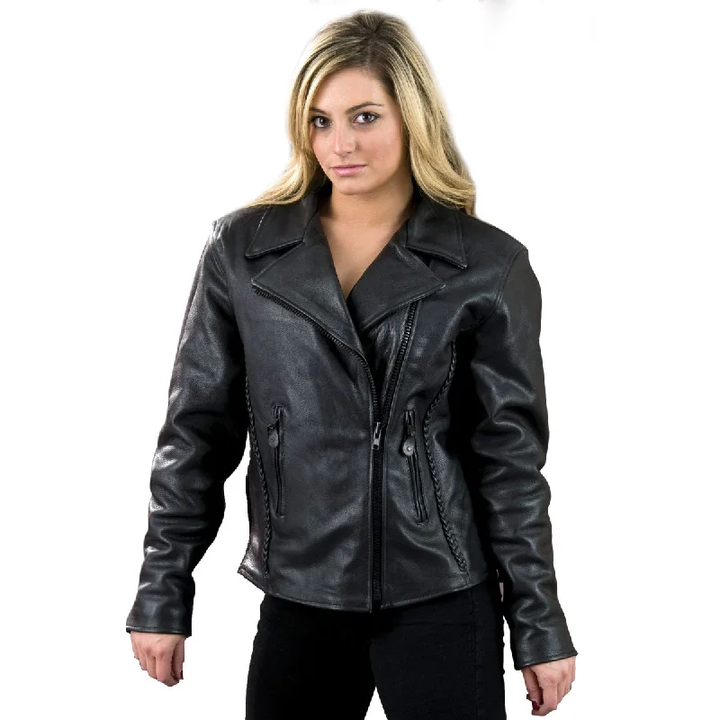 Women's denim jackets with a patchwork design for a bohemian and artsy styleMilwaukee Leather SH7023 Women's 'Braided' Black Leather Jacket with Studs