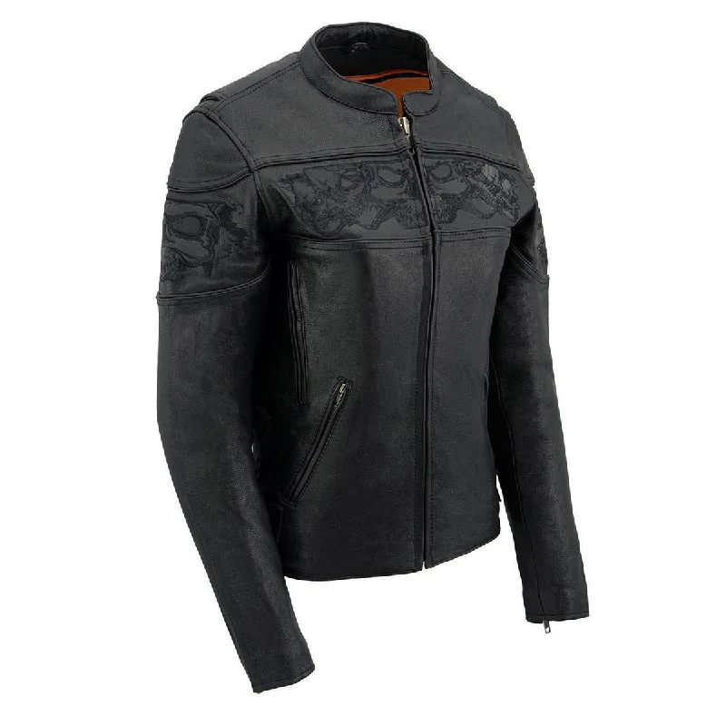 Women's cropped leather jackets with silver zippers for a punk - inspired outfitMilwaukee Leather MLL2540 Women's Crossover Black Leather Scooter Jacket Reflective Skull Graphic Women's cropped leather jackets with silver zippers for a punk - inspired outfitMilwaukee Leather MLL2540 Women's Crossover Black Leather Scooter Jacket Reflective Skull Graphic