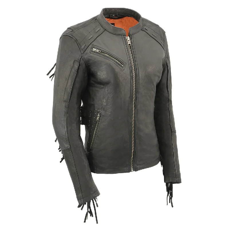 Women's moto jackets with a lace - up front for a unique and stylish touchMilwaukee Leather MLL2565 Women's Black Fringed Lightweight Leather Racer Motorcycle Jacket Women's moto jackets with a lace - up front for a unique and stylish touchMilwaukee Leather MLL2565 Women's Black Fringed Lightweight Leather Racer Motorcycle Jacket
