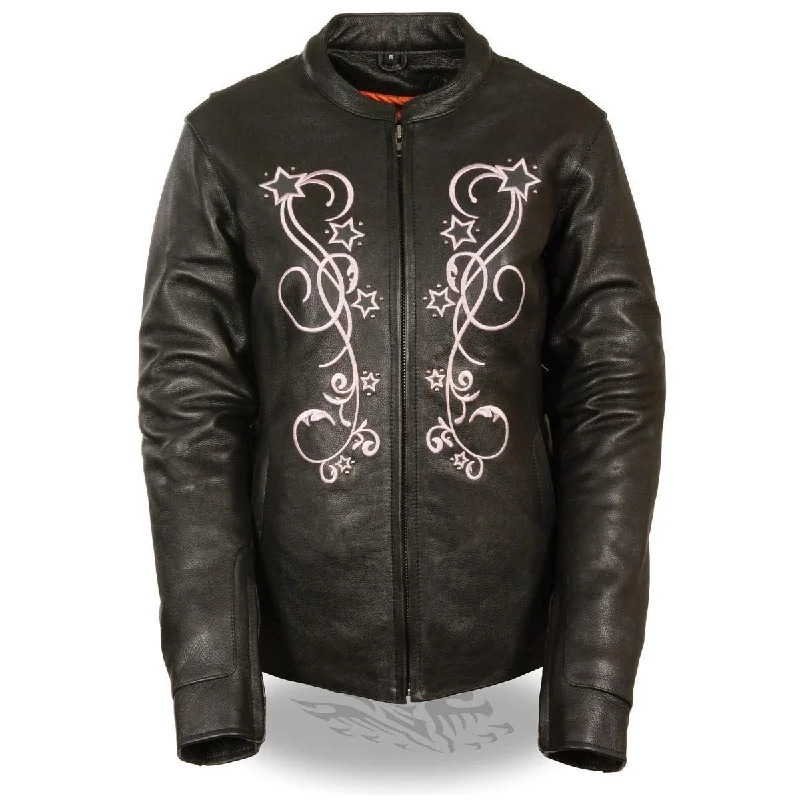 Women's bomber jackets with a holographic finish for a futuristic and eye - catching lookMilwaukee Leather ML2500 Women's Reflective Star Riveted Black/Pink Leather Jacket Women's bomber jackets with a holographic finish for a futuristic and eye - catching lookMilwaukee Leather ML2500 Women's Reflective Star Riveted Black/Pink Leather Jacket