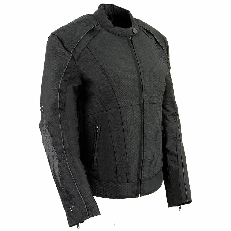 Women's cropped down jackets in bold colors for a sporty and fashionable winter outfitMilwaukee Leather MPL1954 Women's 'Studded Wings' Black Textile Moto Jacket Women's cropped down jackets in bold colors for a sporty and fashionable winter outfitMilwaukee Leather MPL1954 Women's 'Studded Wings' Black Textile Moto Jacket