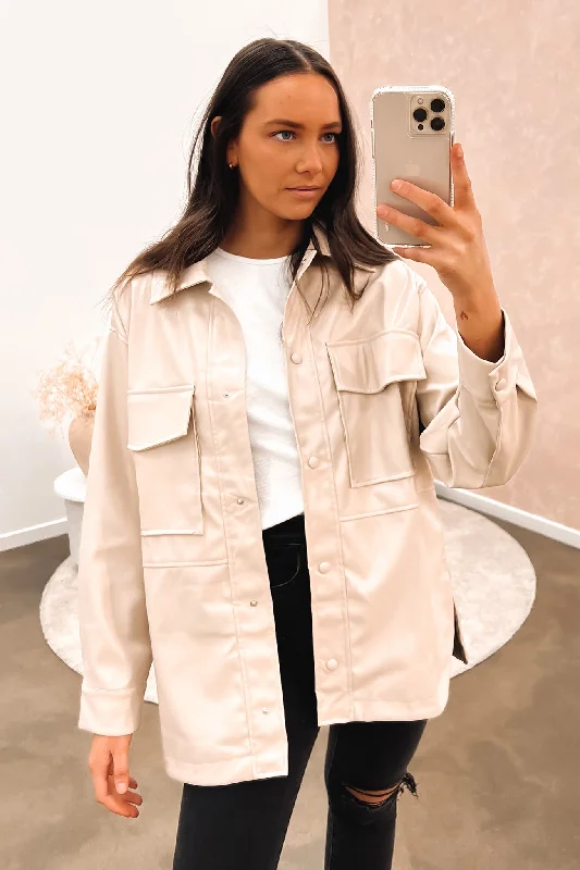 Women's moto jackets with a lace - up front for a unique and stylish touchOlivia Vegan Leather Coat Beige Women's moto jackets with a lace - up front for a unique and stylish touchOlivia Vegan Leather Coat Beige