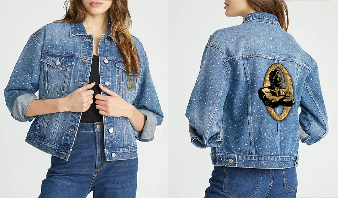 Women's denim jackets with a patchwork design for a bohemian and artsy styleOlympia Women's Jean Jacket Rhinestones Gold Logo Women's denim jackets with a patchwork design for a bohemian and artsy styleOlympia Women's Jean Jacket Rhinestones Gold Logo