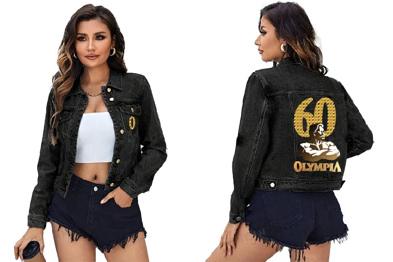 Women's cropped leather jackets with a fringe detail for a western - inspired outfitOlympia Women's Black Jean Jacket 60th Gold Women's cropped leather jackets with a fringe detail for a western - inspired outfitOlympia Women's Black Jean Jacket 60th Gold