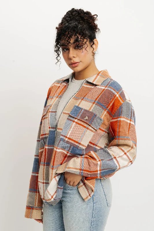 Women's long - line cardigan jackets in a soft knit for a cozy and elegant lookOrange Checks Women's Shacket Women's long - line cardigan jackets in a soft knit for a cozy and elegant lookOrange Checks Women's Shacket