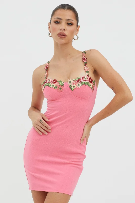 Rose Garden Floral Applique Bodycon Mini Dress Hot Pink