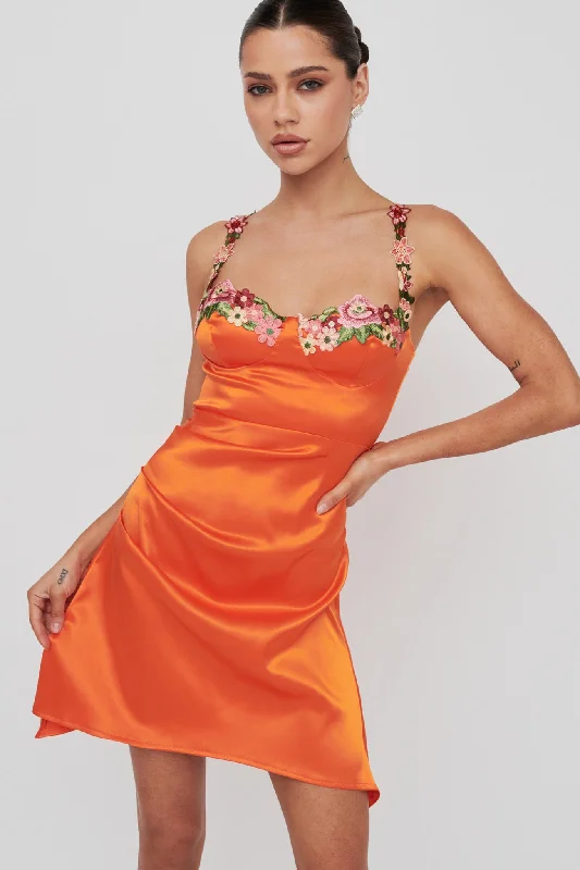 Rose Garden Floral Applique Pleat Mini Dress Orange