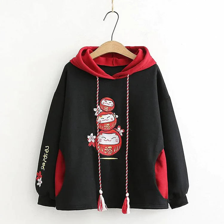 Women's graphic - printed sweatshirt featuring floral patterns for a feminine touchSakura Luck Unleashed: Lucky Cat Letter Embroidery Hoodie - Charm and Comfort in Every Thread! ?? Women's graphic - printed sweatshirt featuring floral patterns for a feminine touchSakura Luck Unleashed: Lucky Cat Letter Embroidery Hoodie - Charm and Comfort in Every Thread! ??