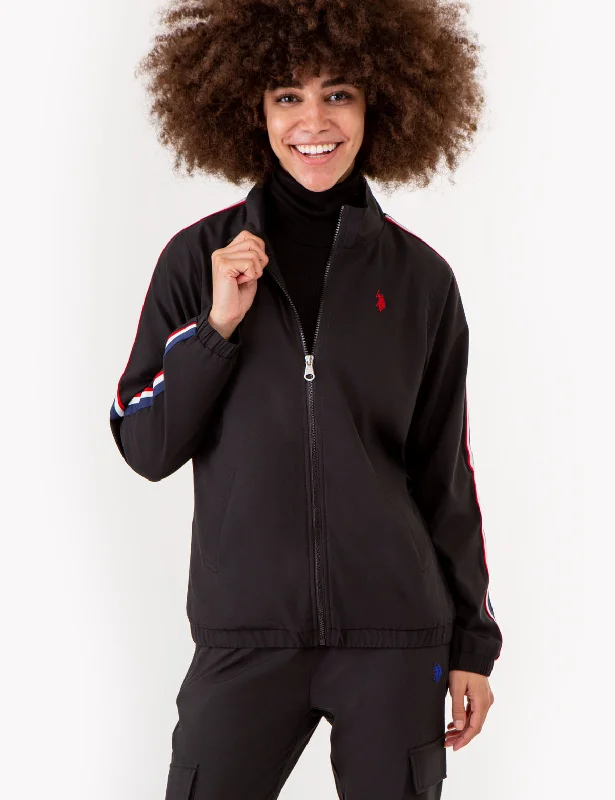 Women's bomber jackets with floral embroidery for a feminine and unique designSTRETCH WOVEN SIDE TAPE TRACK JACKET Women's bomber jackets with floral embroidery for a feminine and unique designSTRETCH WOVEN SIDE TAPE TRACK JACKET