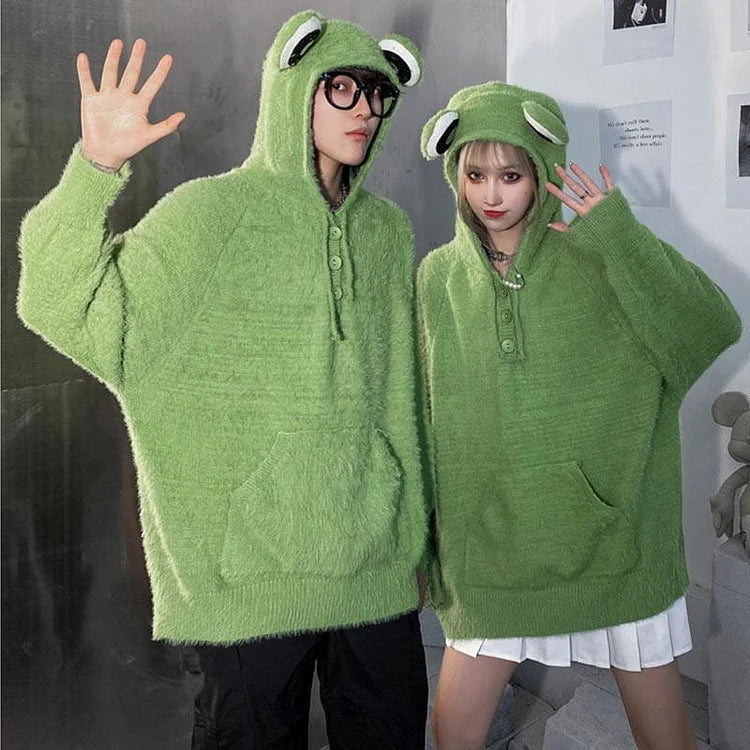 Sweet Serenade: Girlfriend Boyfriend Frog Knit Hoodie - Because Comfort Should be Cute! ??