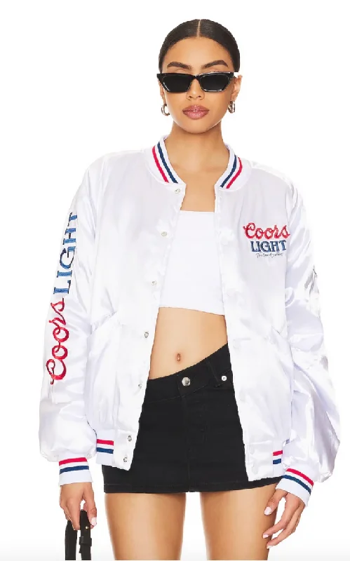 Women's cropped leather jackets with a fringe detail for a western - inspired outfitWhite Coors 1980 Varsity Women's cropped leather jackets with a fringe detail for a western - inspired outfitWhite Coors 1980 Varsity