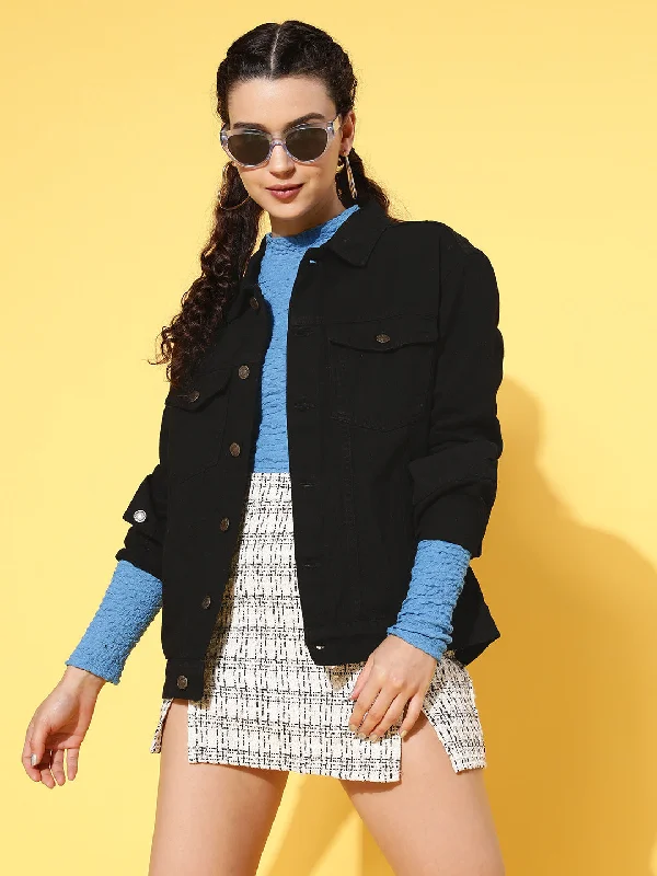 Women's denim jackets with a patchwork design for a bohemian and artsy styleWomen Black Solid Denim Jacket Women's denim jackets with a patchwork design for a bohemian and artsy styleWomen Black Solid Denim Jacket