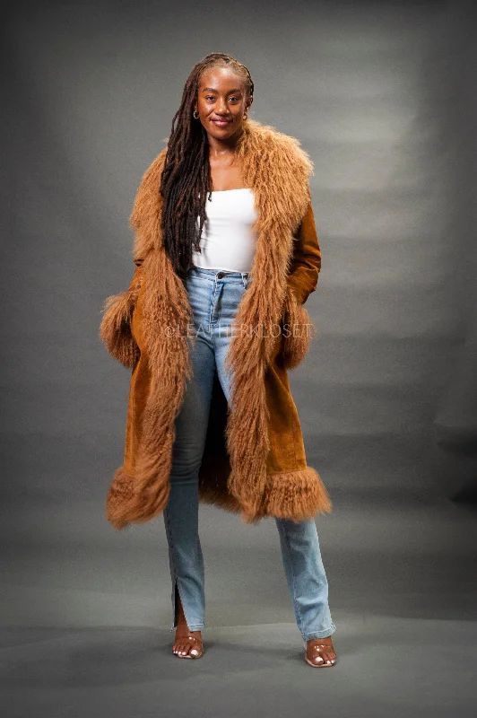 Women's bomber jackets with floral embroidery for a feminine and unique designWomen's Estelle Suede Leather Coat [Brown]