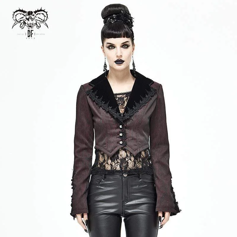 Women's denim jackets with distressed details for a casual and edgy lookWomen's Gothic Flare Sleeve Lace Splice Red Jacket Women's denim jackets with distressed details for a casual and edgy lookWomen's Gothic Flare Sleeve Lace Splice Red Jacket