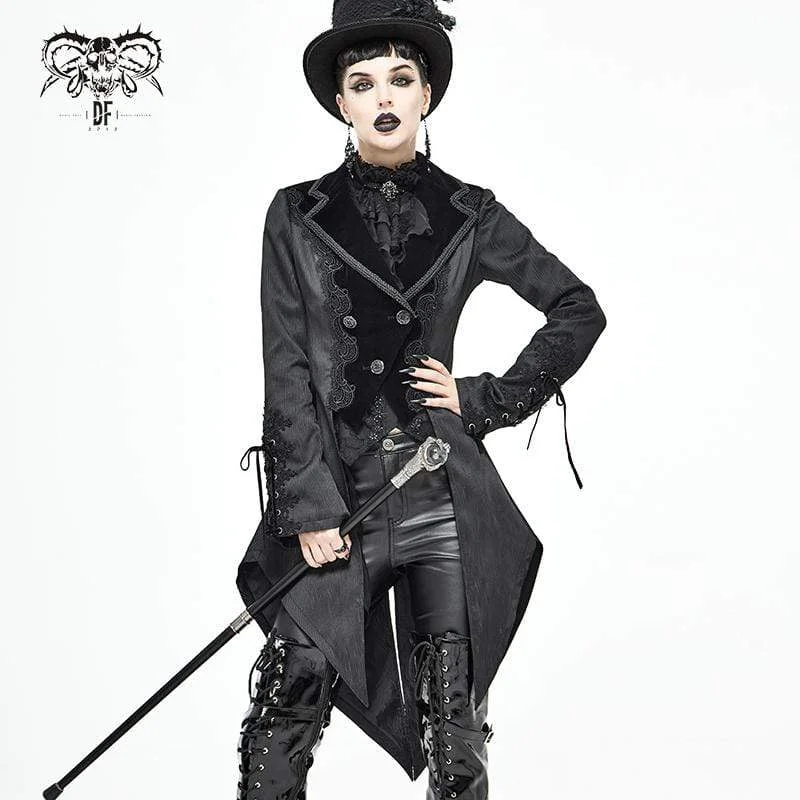 Women's moto jackets with a lace - up front for a unique and stylish touchWomen's Gothic Floral Jacquard Black Swallow-tailed Coat Women's moto jackets with a lace - up front for a unique and stylish touchWomen's Gothic Floral Jacquard Black Swallow-tailed Coat