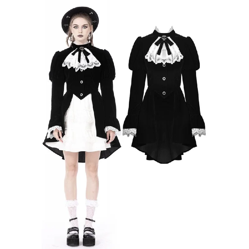 Women's denim jackets with a patchwork design for a bohemian and artsy styleWomen's Gothic Puff Sleeved Frilly Necktie Velvet Jacket Women's denim jackets with a patchwork design for a bohemian and artsy styleWomen's Gothic Puff Sleeved Frilly Necktie Velvet Jacket