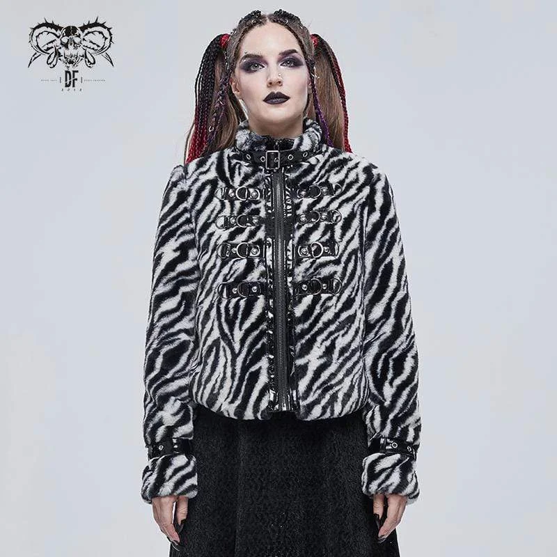 Women's cropped leather jackets with silver zippers for a punk - inspired outfitWomen's Gothic Stand Collar Zebra-stripe Buckles Jacket Women's cropped leather jackets with silver zippers for a punk - inspired outfitWomen's Gothic Stand Collar Zebra-stripe Buckles Jacket