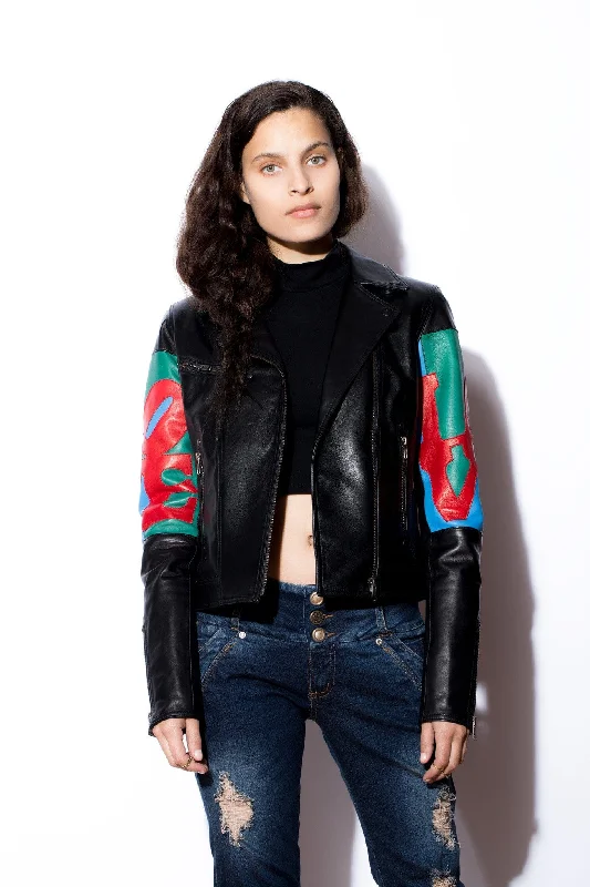Women's bomber jackets with floral embroidery for a feminine and unique designWest Coast Leather Color Block Love Biker Jacket Women's bomber jackets with floral embroidery for a feminine and unique designWest Coast Leather Color Block Love Biker Jacket