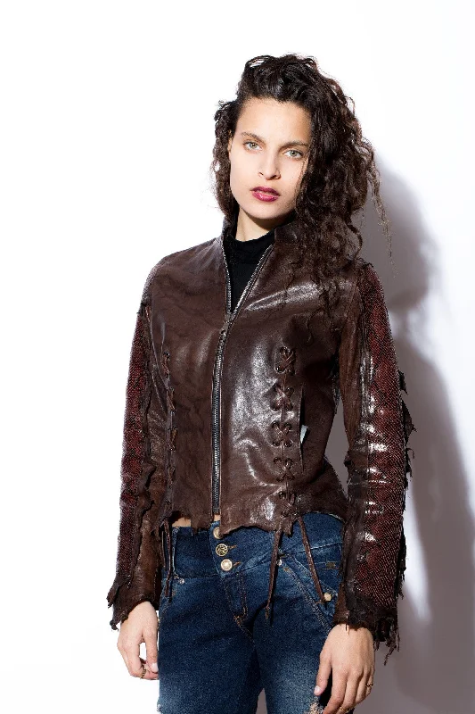 Women's military - style jackets with epaulets for a tough and fashionable appearanceWomen's Dark Brown Leather Jacket with Snakeskin Sleeves & Back Women's military - style jackets with epaulets for a tough and fashionable appearanceWomen's Dark Brown Leather Jacket with Snakeskin Sleeves & Back