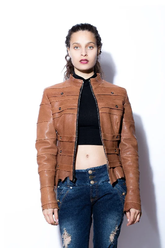 Women's denim jackets with a patchwork design for a bohemian and artsy styleWomen's Strap Me Up Cognac Jacket Women's denim jackets with a patchwork design for a bohemian and artsy styleWomen's Strap Me Up Cognac Jacket