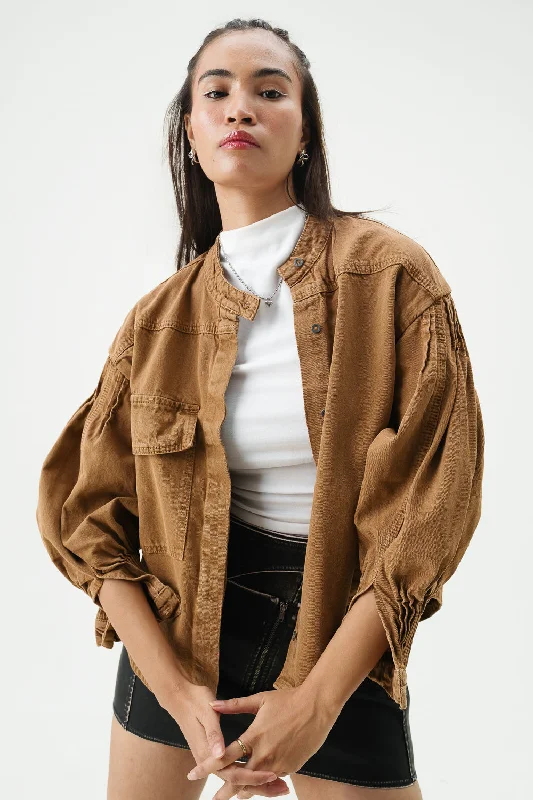 Women's moto jackets with a lace - up front for a unique and stylish touchOchre Brown Stylized Biker Jacket Women's moto jackets with a lace - up front for a unique and stylish touchOchre Brown Stylized Biker Jacket