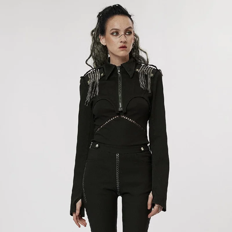 Women's long - line cardigan jackets in a soft knit for a cozy and elegant lookWomen's Punk Turn-down Collar Chain Jacket Women's long - line cardigan jackets in a soft knit for a cozy and elegant lookWomen's Punk Turn-down Collar Chain Jacket