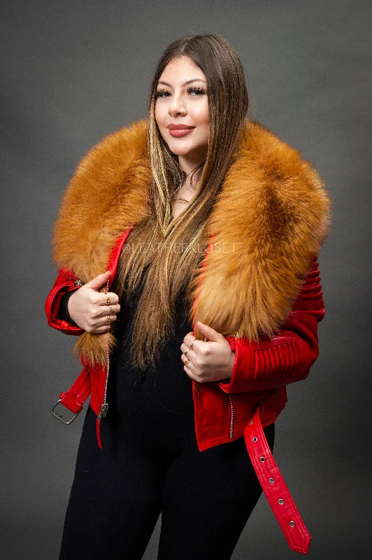 Women's waterproof rain jackets in bright yellow for high - visibility outdoor activitiesWomen's Trey Biker Red Oversized Fox Collar [Red Fox Fur]