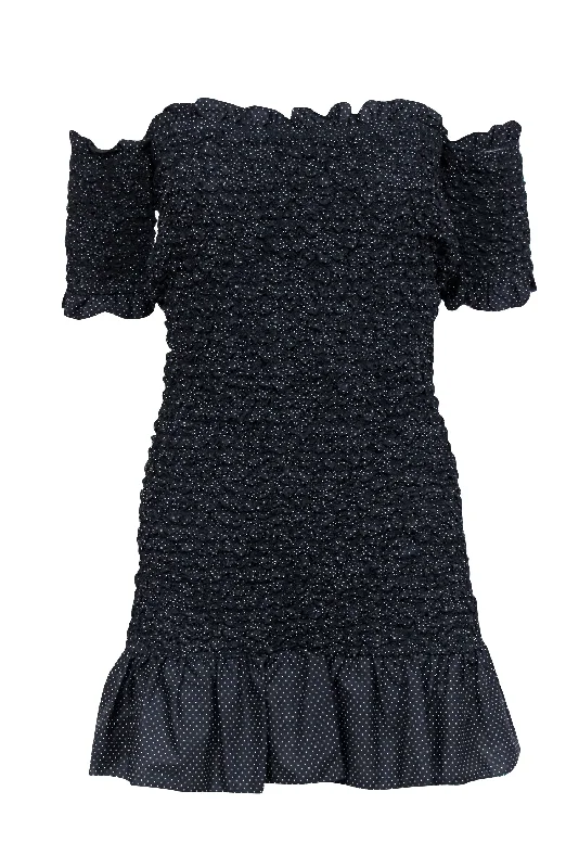 Strapless Women Dress with a Built - in Bra for Comfort and Support Strapless Women Dress with a Built - in Bra for Comfort and Support Petersyn - Black Polka Dot Smocked Off The Shoulder Mini Dress Sz M