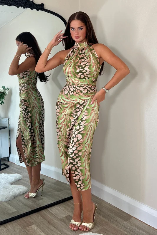 Alessia Halter Neck Midi Dress Green Print