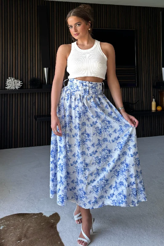 Beatrice Belted Midi Skirt Blue Print