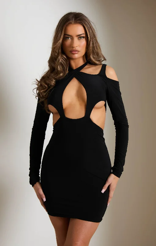 Black Cut Out Cold Shoulder Halter Neck Bodycon Midi Dress - Niamh