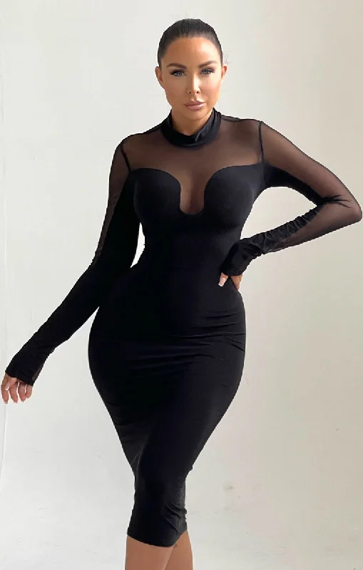 Black Long Sleeve High Neck Mesh Detail Midi Dress - Abbie