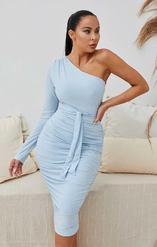 Blue One Shoulder Ruched Slinky Midi Dress - Savannah