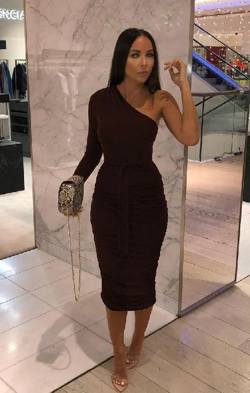 Brown One Shoulder Ruched Slinky Midi Dress - Savannah