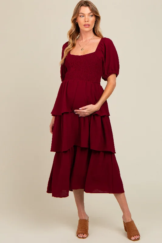 Burgundy Smocked Body Ruffled Tiered Maternity Midi Dress