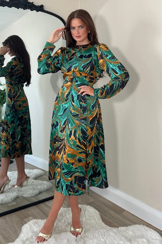 Cass Green Print Long Sleeve Midi Dress