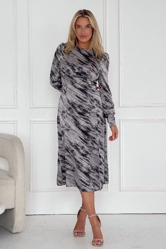 Cass Grey Print Long Sleeve Midi Dress