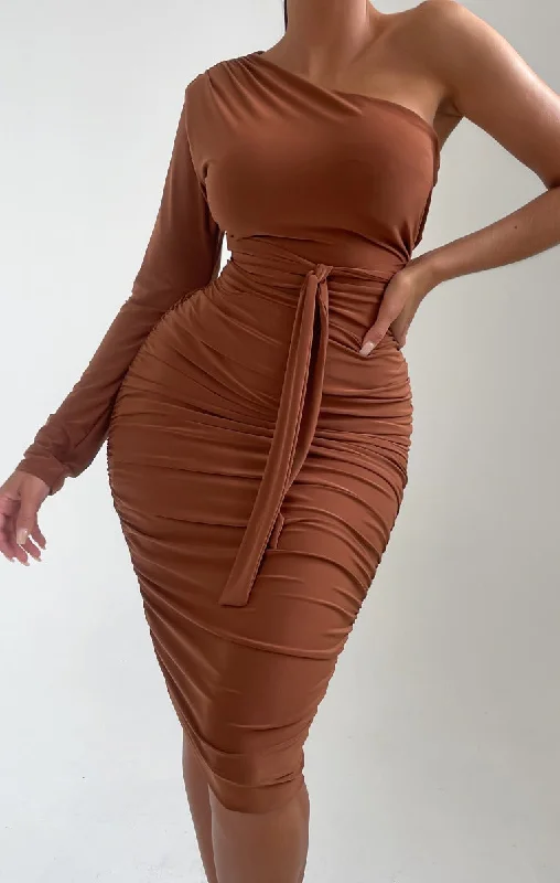 Chocolate One Shoulder Ruched Slinky Midi Dress - Savannah