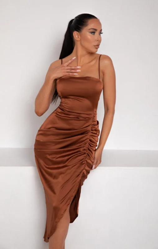 Chocolate Satin Ruched Split Strappy Bodycon Midi Dress - Savannah