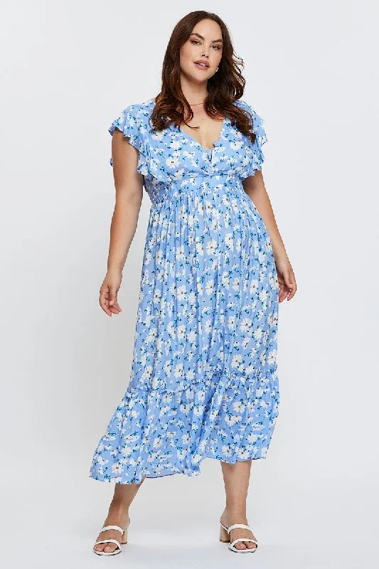 Floral Print Maxi Dress V-neck Short Sleeve