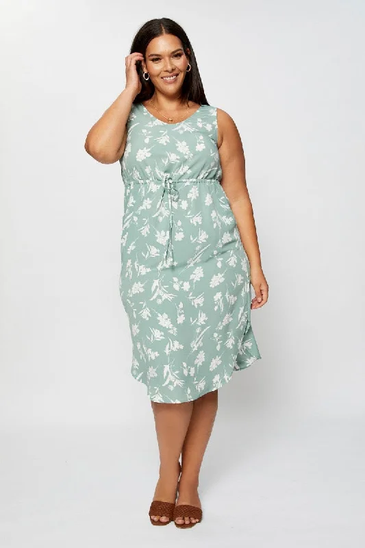 Floral Print Midi Dress Round Neck Sleeveless