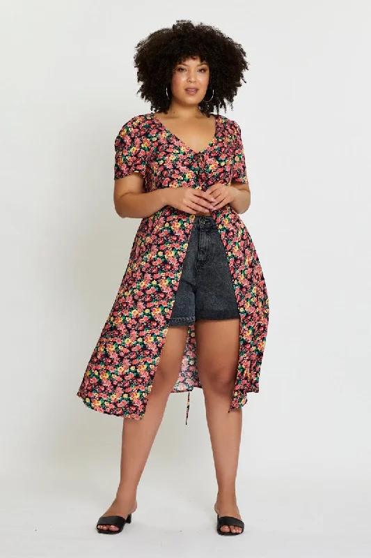 Floral Print Midi Dress Short Sleeve Button