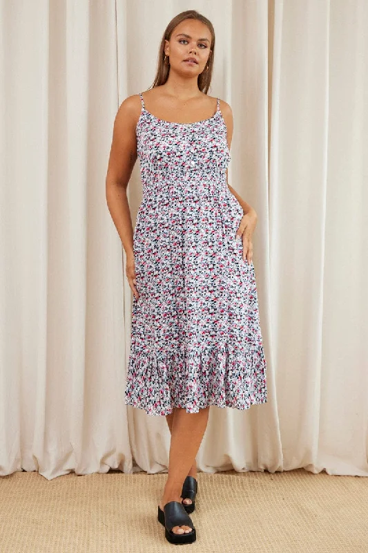 Floral Print Midi Dress V-neck Sleeveless