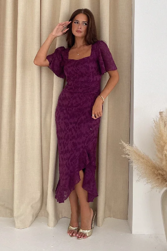 Heidi Deep Purple Burnout Ruched Midi Dress